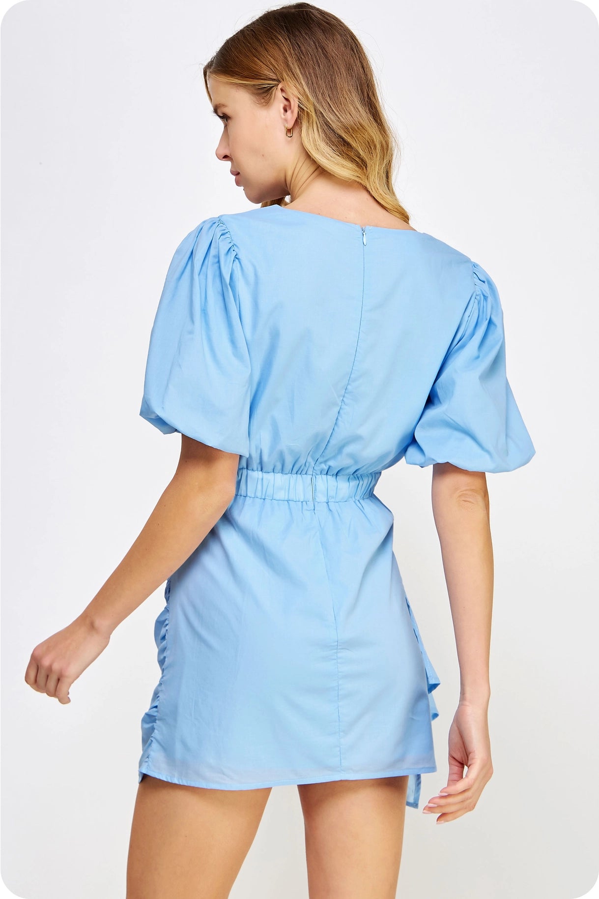 Ruched Short Puff Sleeve Voile Mini Dress - Chambray