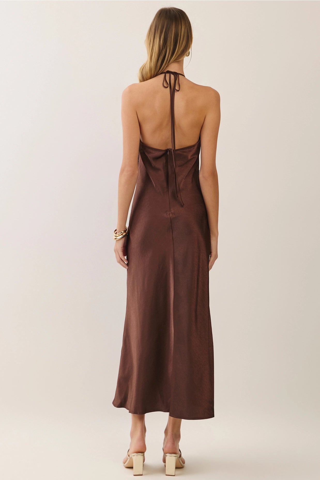 Lace Waist Satin Halter Maxi Dress - Chocolate