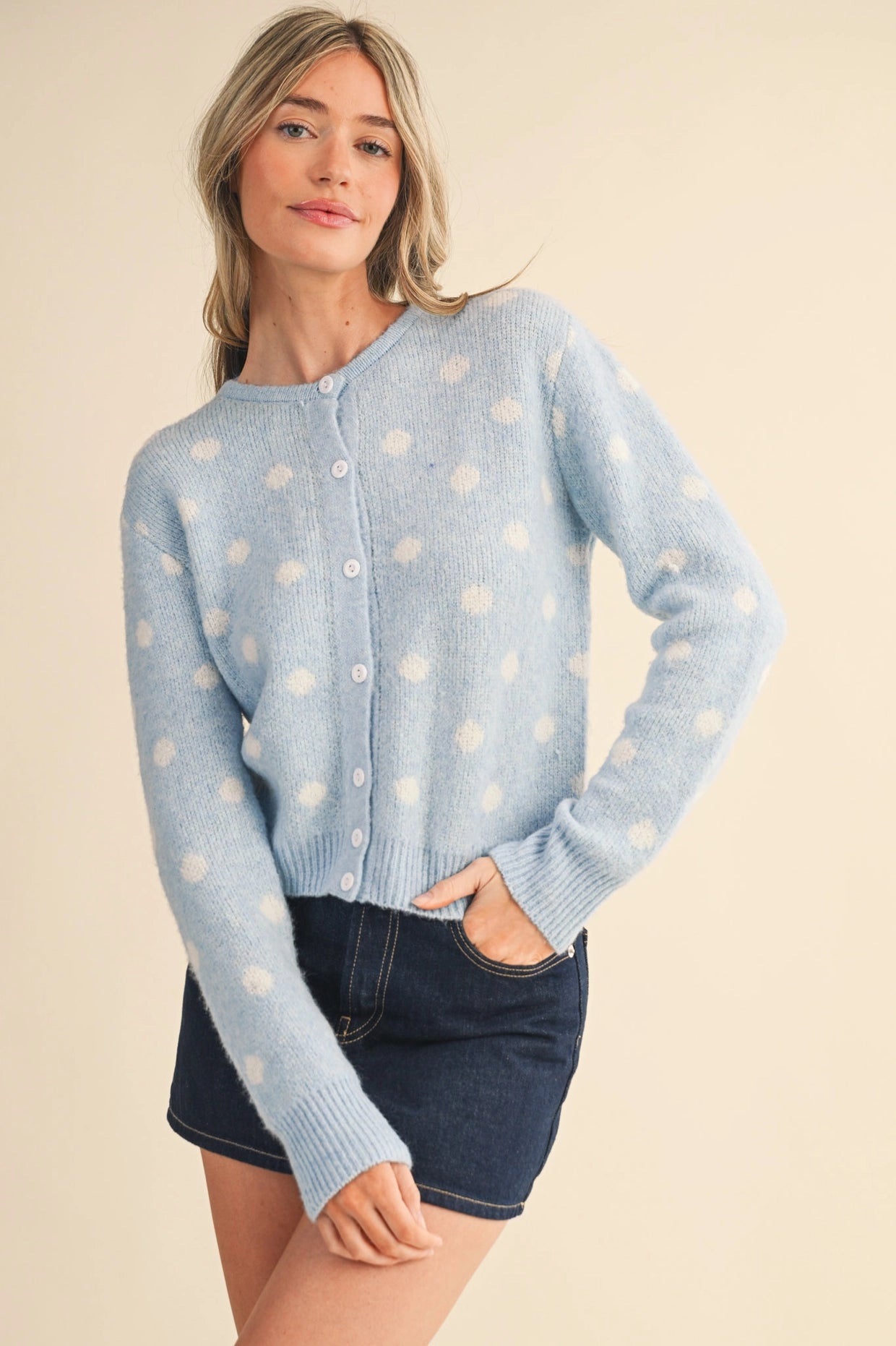Polka Dot Sweater Cardigan with Detachable Scarf - Sky Blue