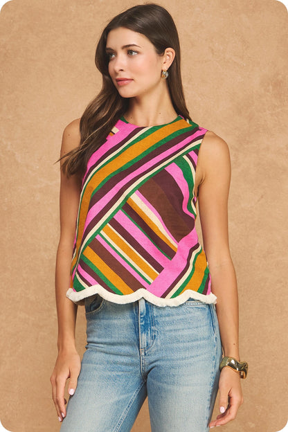 Vibrant Geometric Stripe Scalloped Fringe Sleeveless Top - Brown Multi