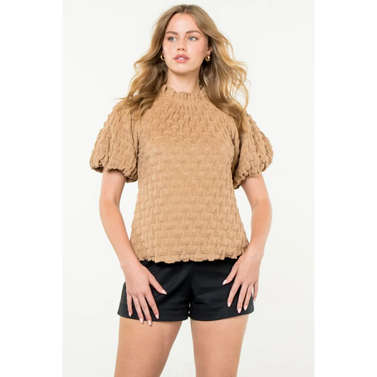 THML - Textured Puff Sleeve Top - Beige