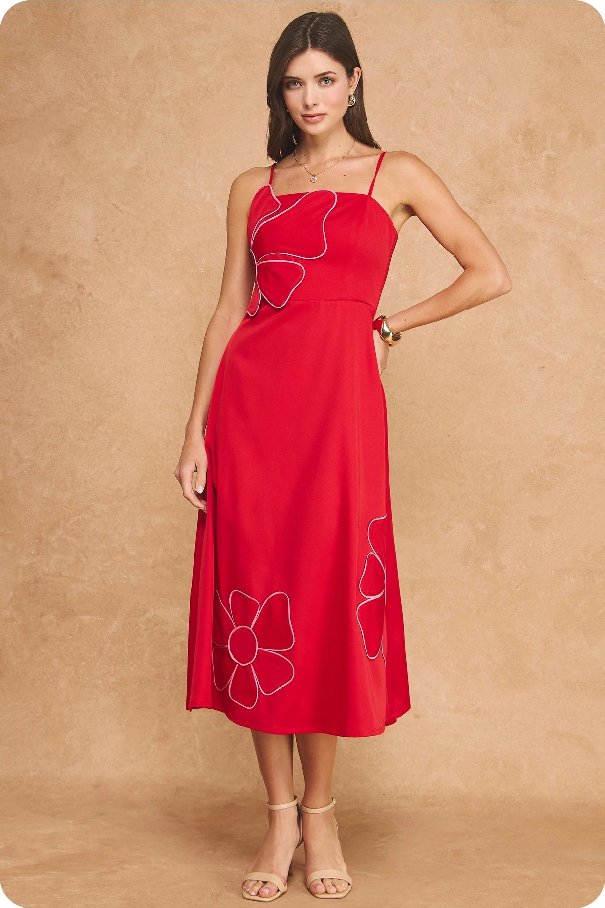 Oversized Floral Appliqué Piping Sleeveless Midi Dress - Red/Pink