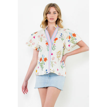 THML - Short Sleeve Floral Top - Cream