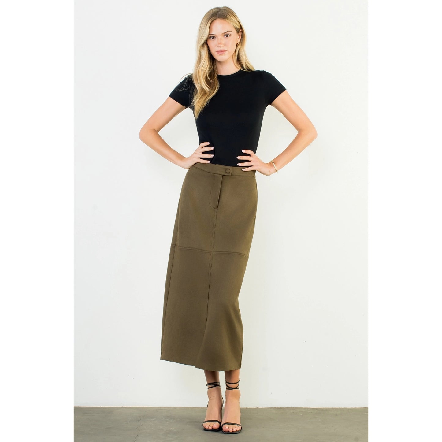 Front Slit Suede Long Skirt - Olive