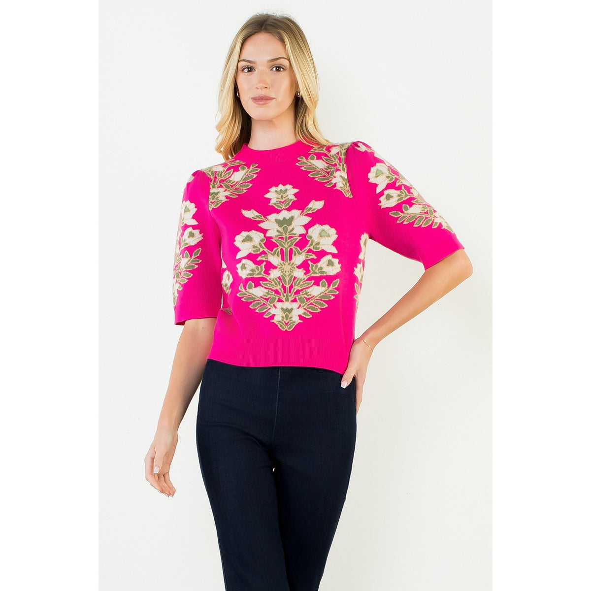 Short Sleeve Floral Pattern Sweater - Pink