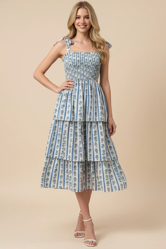 Striped Floral Smocked Midi Dress - Blue