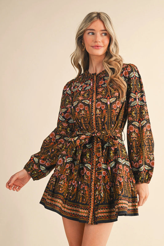 Exclusive Floral Print Button Down Belted Mini Dress - Black Multi