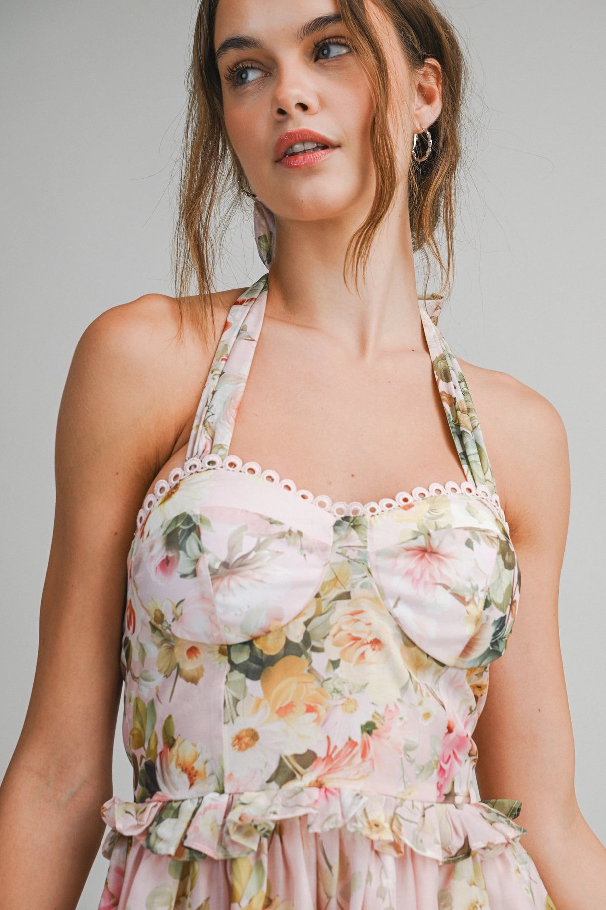 Floral Halter Mini Dress - Peach