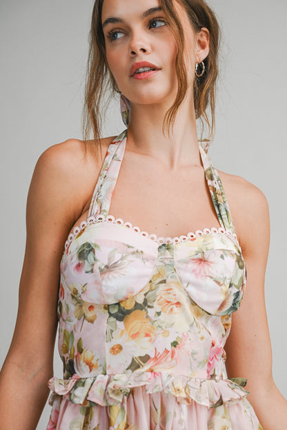 Floral Halter Mini Dress - Peach