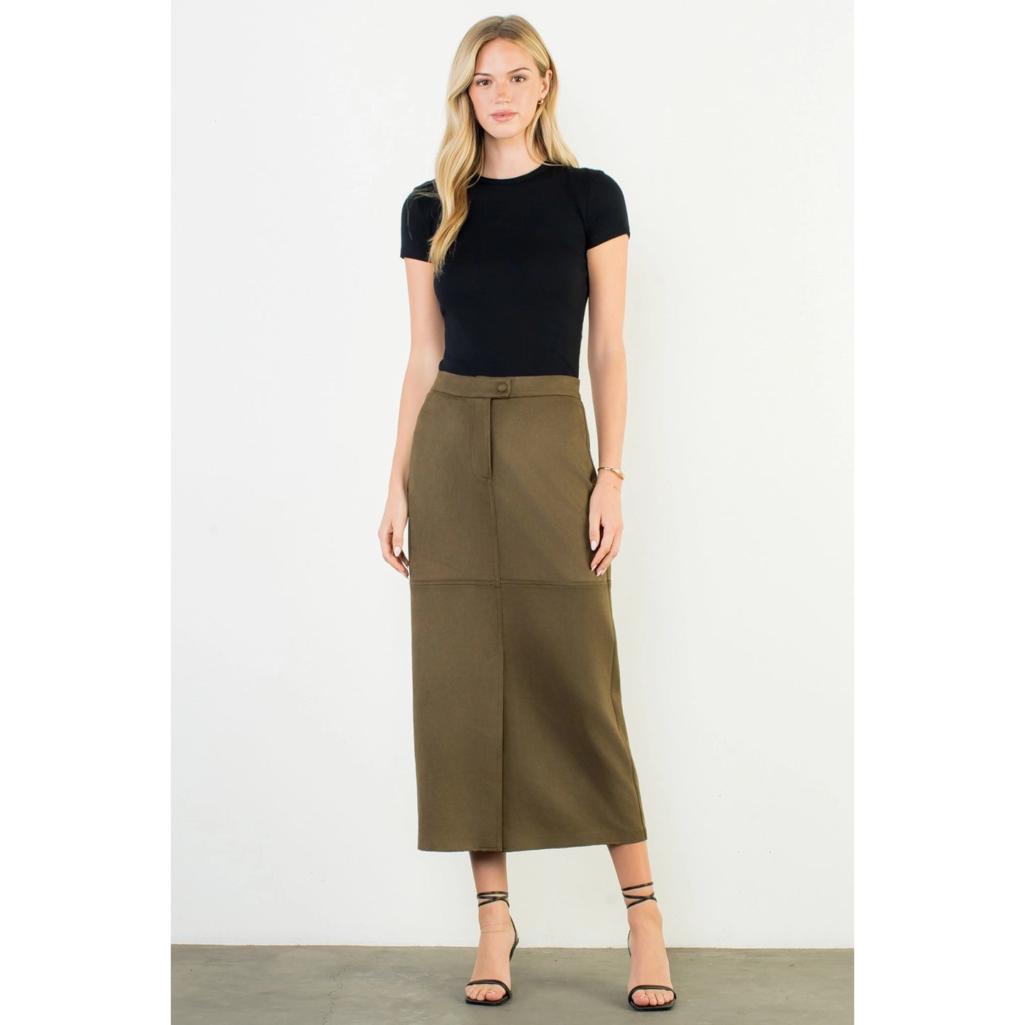 Front Slit Suede Long Skirt - Olive