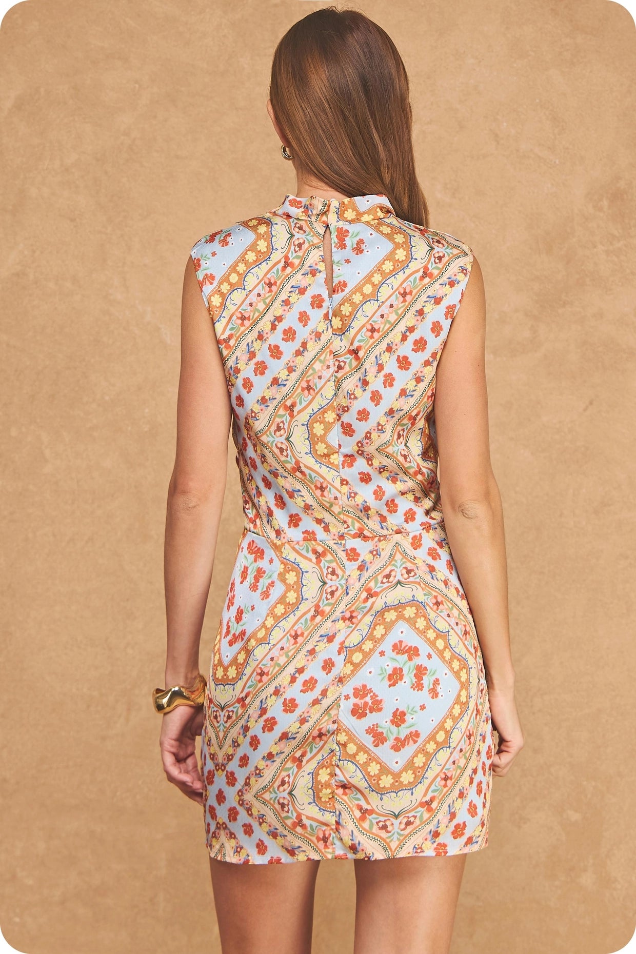 Geo Scarf Print Sleeveless Draped Neck Mini Dress - Light Blue/Rust Orange