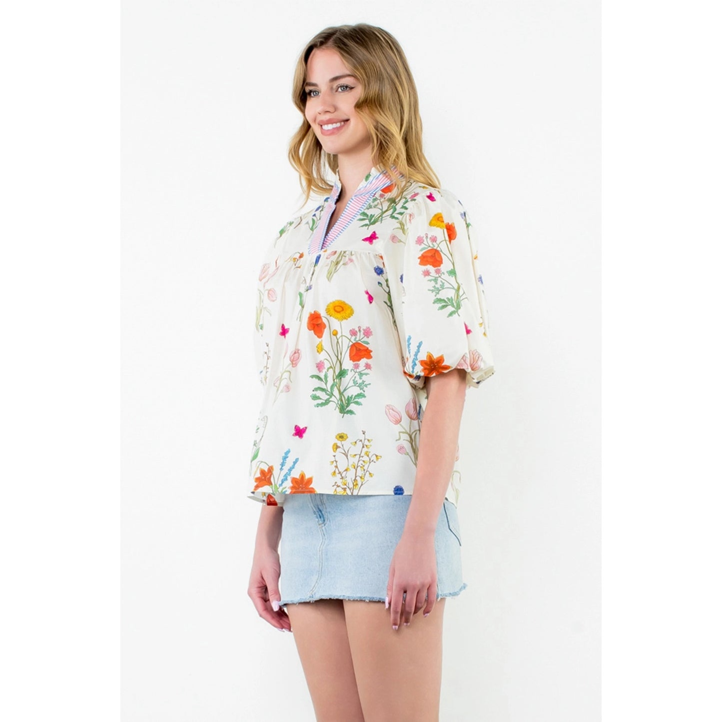 THML - Puff Sleeve Floral Top - Cream