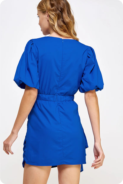 Ruched Short Puff Sleeve Voile Mini Dress - Nautical Blue