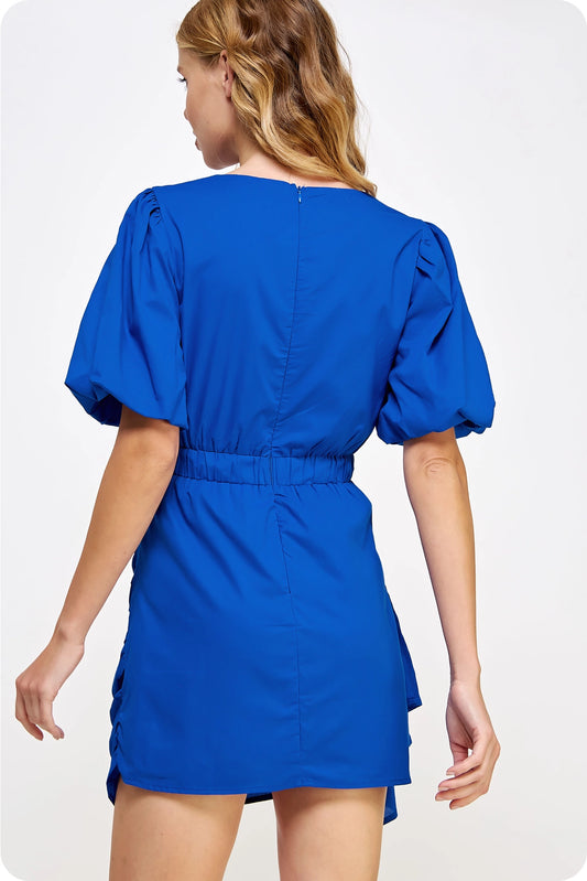 Ruched Short Puff Sleeve Voile Mini Dress - Nautical Blue