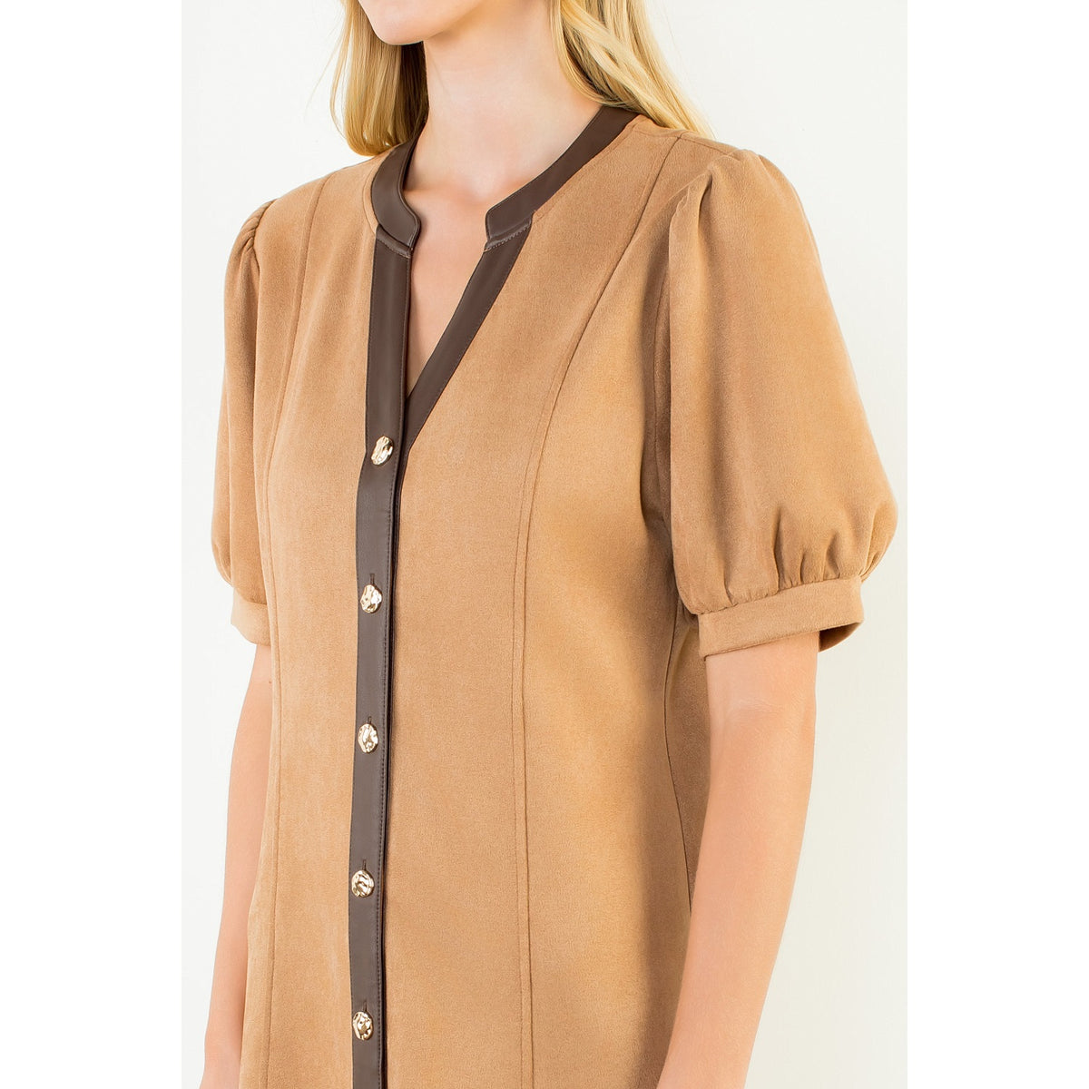 Suede Short Dress with Gold Buttons - Camel