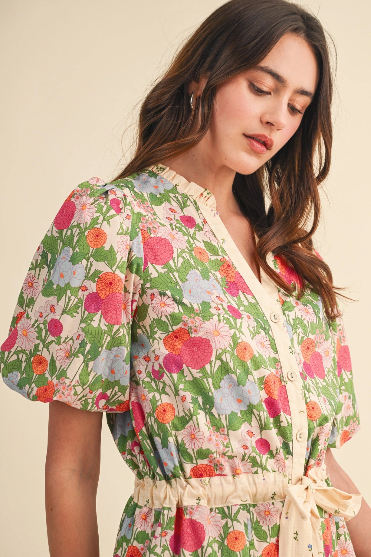 Bubble Sleeve Floral Print Romper - Cream Pink Floral