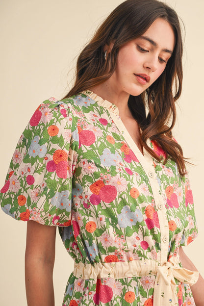 Bubble Sleeve Floral Print Romper - Cream Pink Floral