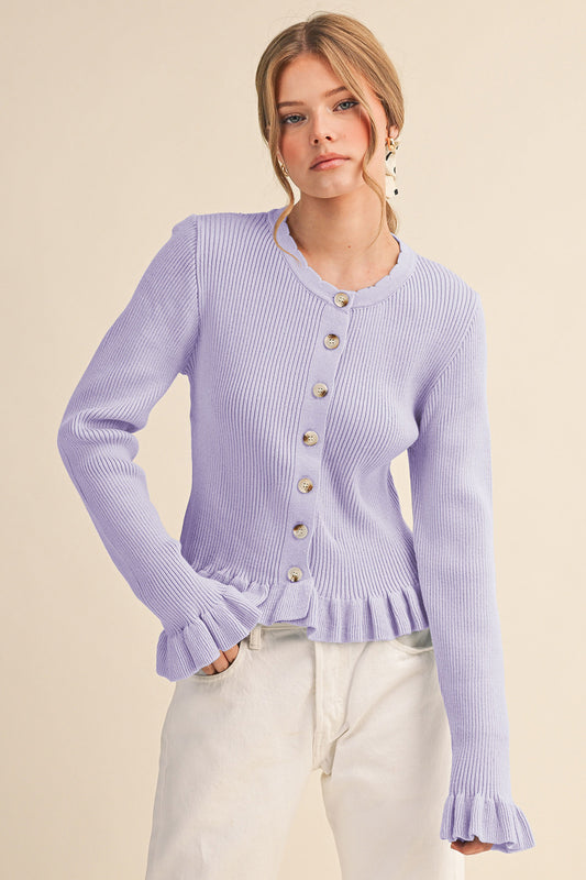 Ruffle Hem Ribbed Knit Sweater Cardigan - Pastel Lavender