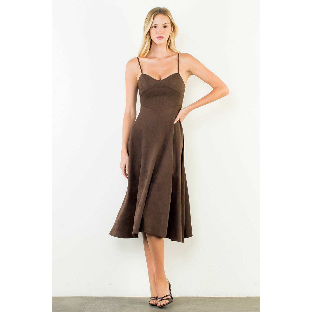 Suede Strapped Dress - Brown