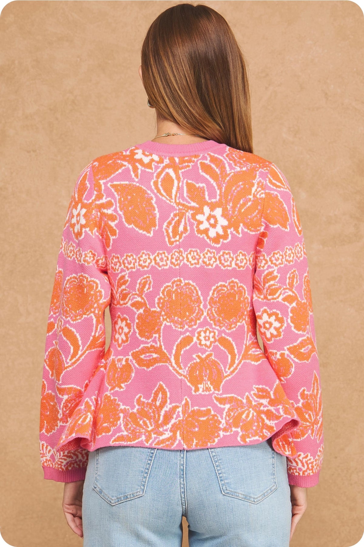 Floral Intarsia Peplum Button Down Cardigan - Pink/Orange