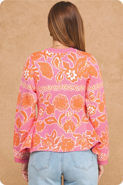 Floral Intarsia Peplum Button Down Cardigan - Pink/Orange