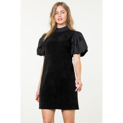 THML - Puff Sleeve Corduroy Midi Dress - Black