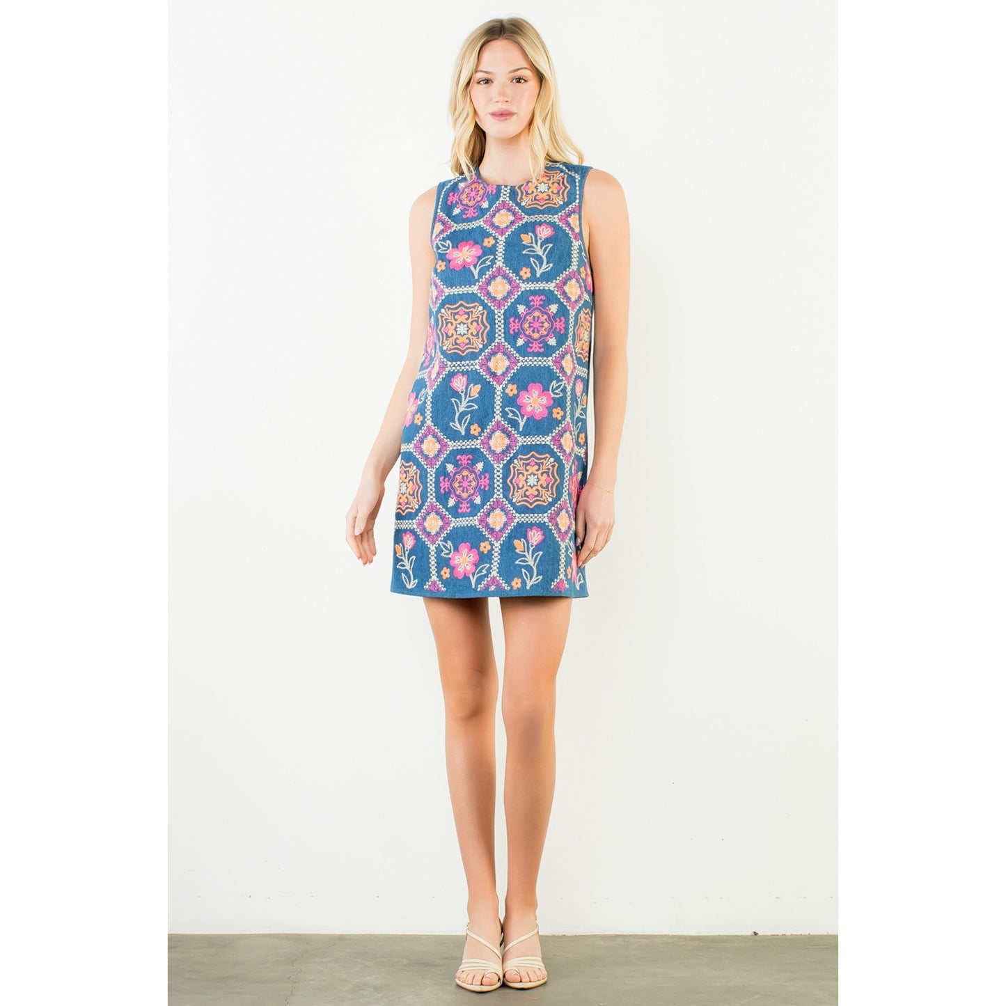 Sleeveless Embroidery Detail Dress - Denim Blue - Spinout