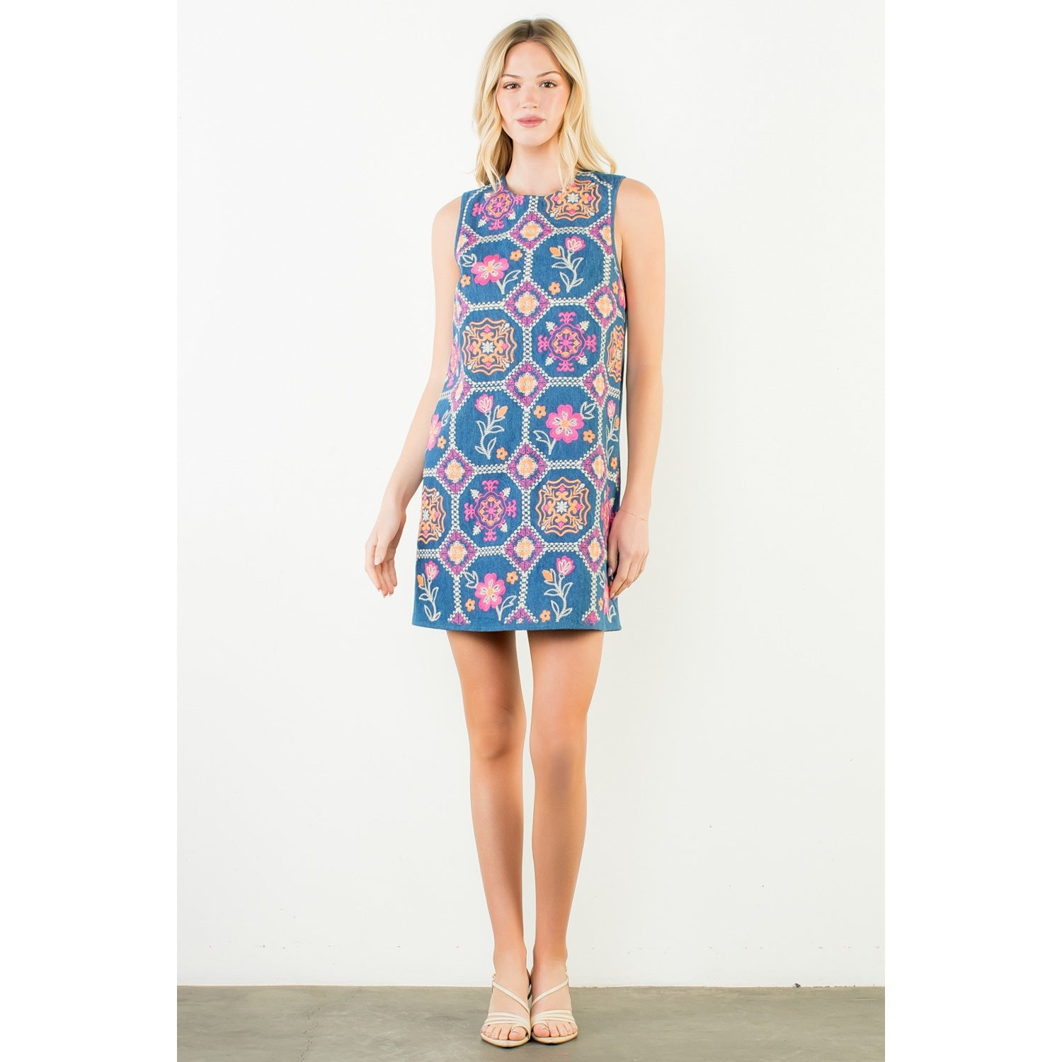 Sleeveless Embroidery Detail Dress - Denim Blue - Spinout