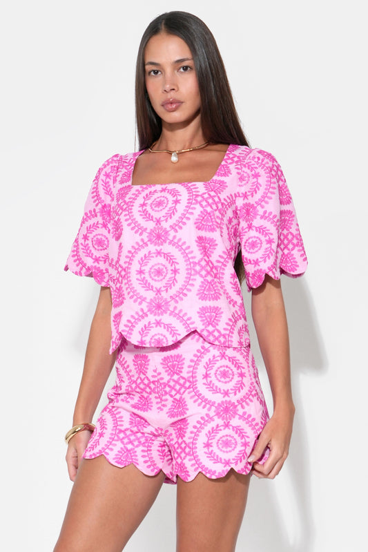 Rose Embroidery Top & Shorts Set - Lilac/Magenta