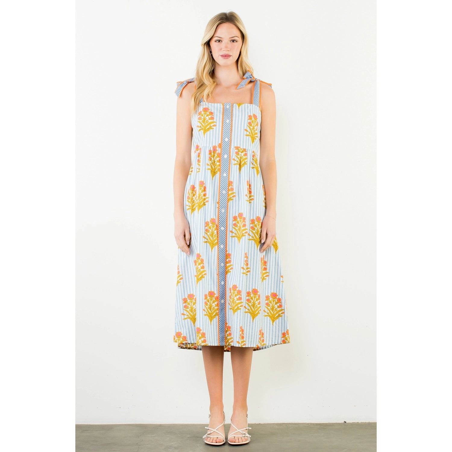Tie Straps Floral Pattern Button Down Dress - Blue - Spinout