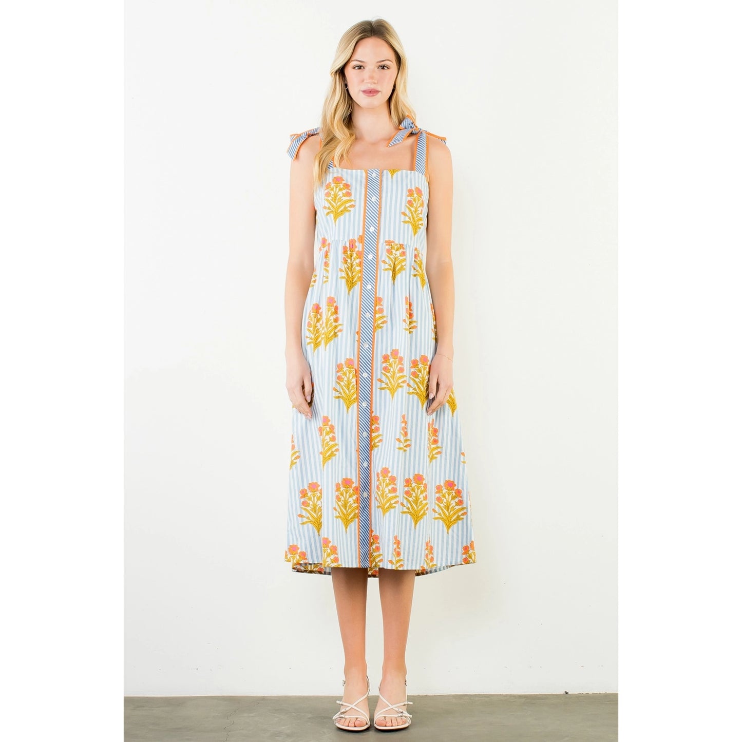 Tie Straps Floral Pattern Button Down Dress - Blue - Spinout