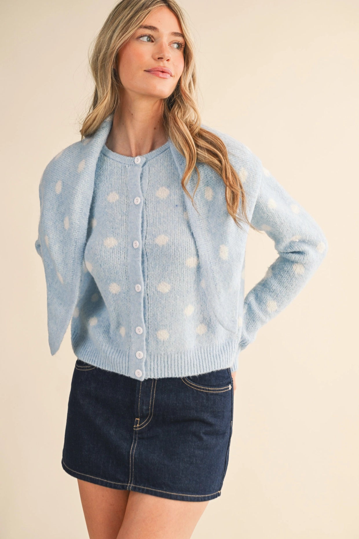 Polka Dot Sweater Cardigan with Detachable Scarf - Sky Blue