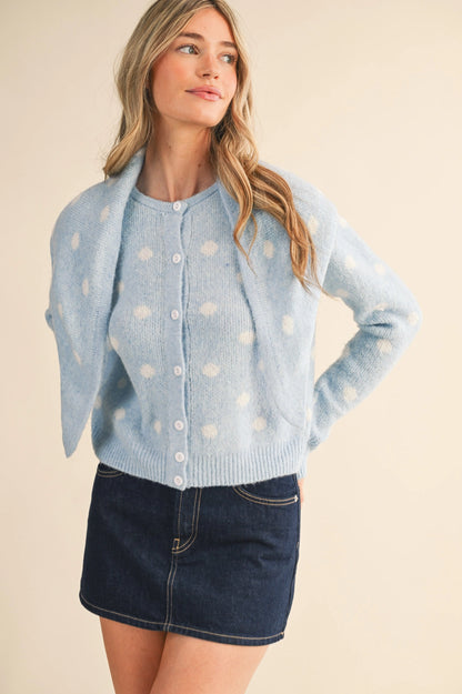 Polka Dot Sweater Cardigan with Detachable Scarf - Sky Blue