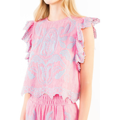 Flutter Sleeve Embroidery Detail Top - Pink