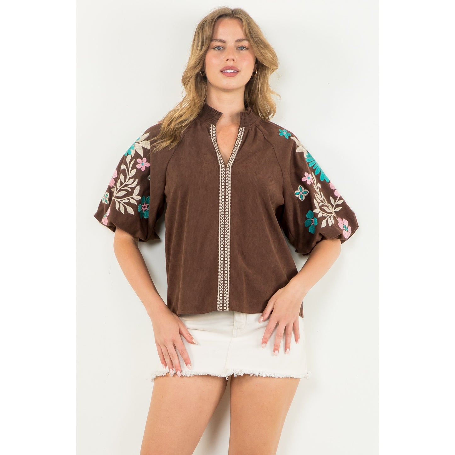 THML - Embroidered Puff Sleeve Corduroy Top - Brown