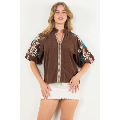 THML - Embroidered Puff Sleeve Corduroy Top - Brown