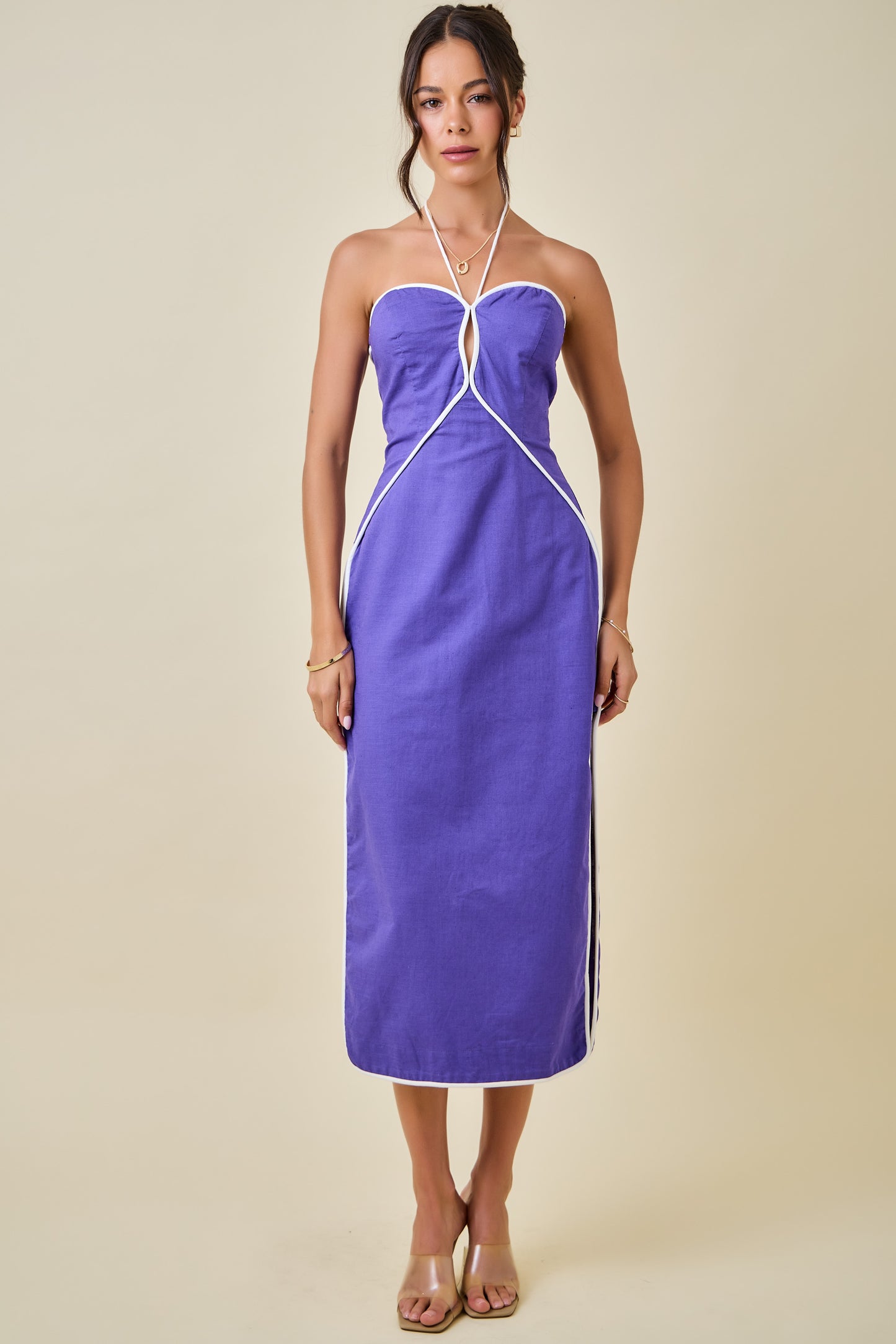 Halter Neck Midi Dress - Purple/White
