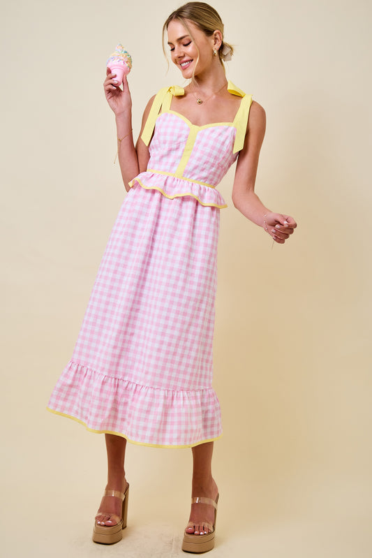 Sweetheart Gingham Corset Midi Dress w/ Ruffle Details - Pink/Lemon