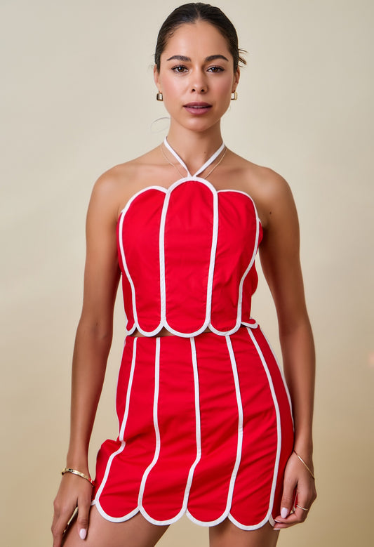 Scalloped Crop Top & Skirt Set - Red/White