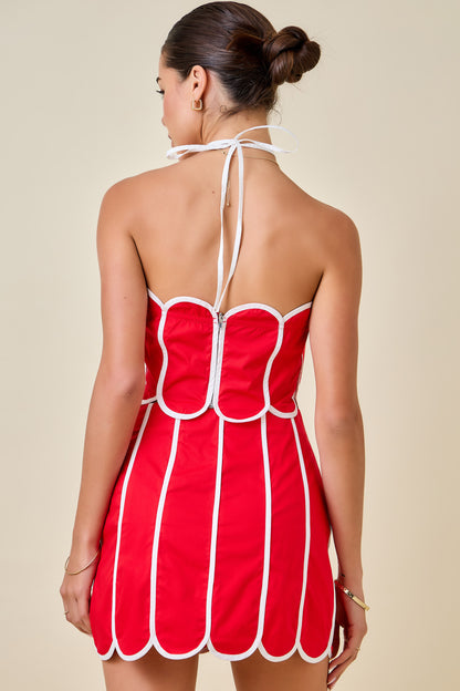 Scalloped Crop Top & Skirt Set - Red/White