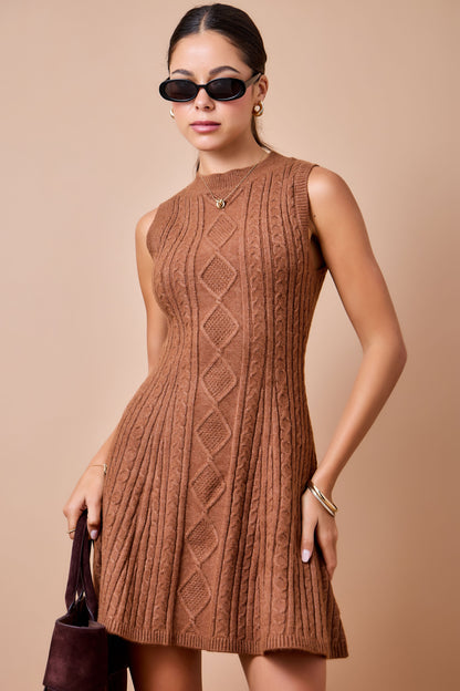 Sleeveless Cable Knit Fit & Flare Sweater Dress - Brown