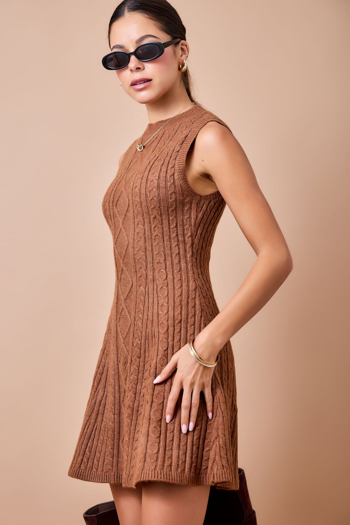 Sleeveless Cable Knit Fit & Flare Sweater Dress - Brown