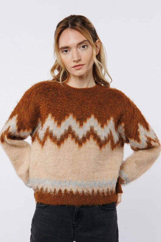 Long Sleeve Pullover Sweater - Brown Multi
