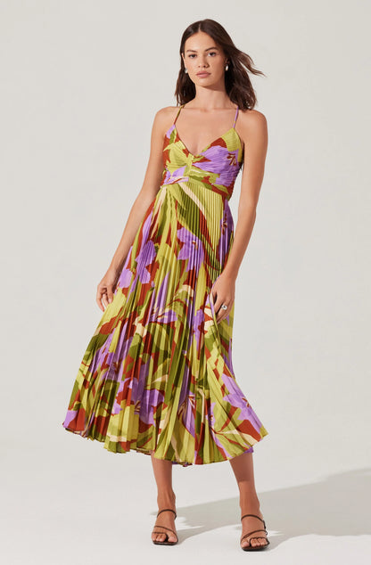Blythe Floral Plisse Midi Dress - Green Rust Floral