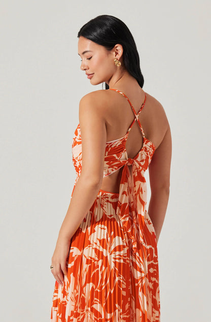 ASTR Blythe Floral Plisse Midi Dress - Hot Orange Floral / L ASTR Blythe Floral Plisse Midi Dress - Hot Orange Floral / L