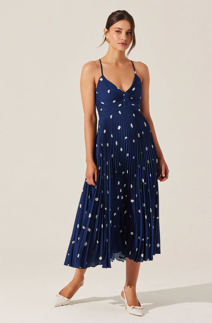 ASTR - Blythe Floral Plisse Midi Dress - Navy Polka Dot