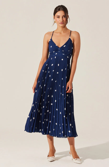 ASTR - Blythe Floral Plisse Midi Dress - Navy Polka Dot