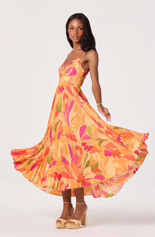 Blythe Floral Plisse Midi Dress - Orange Floral