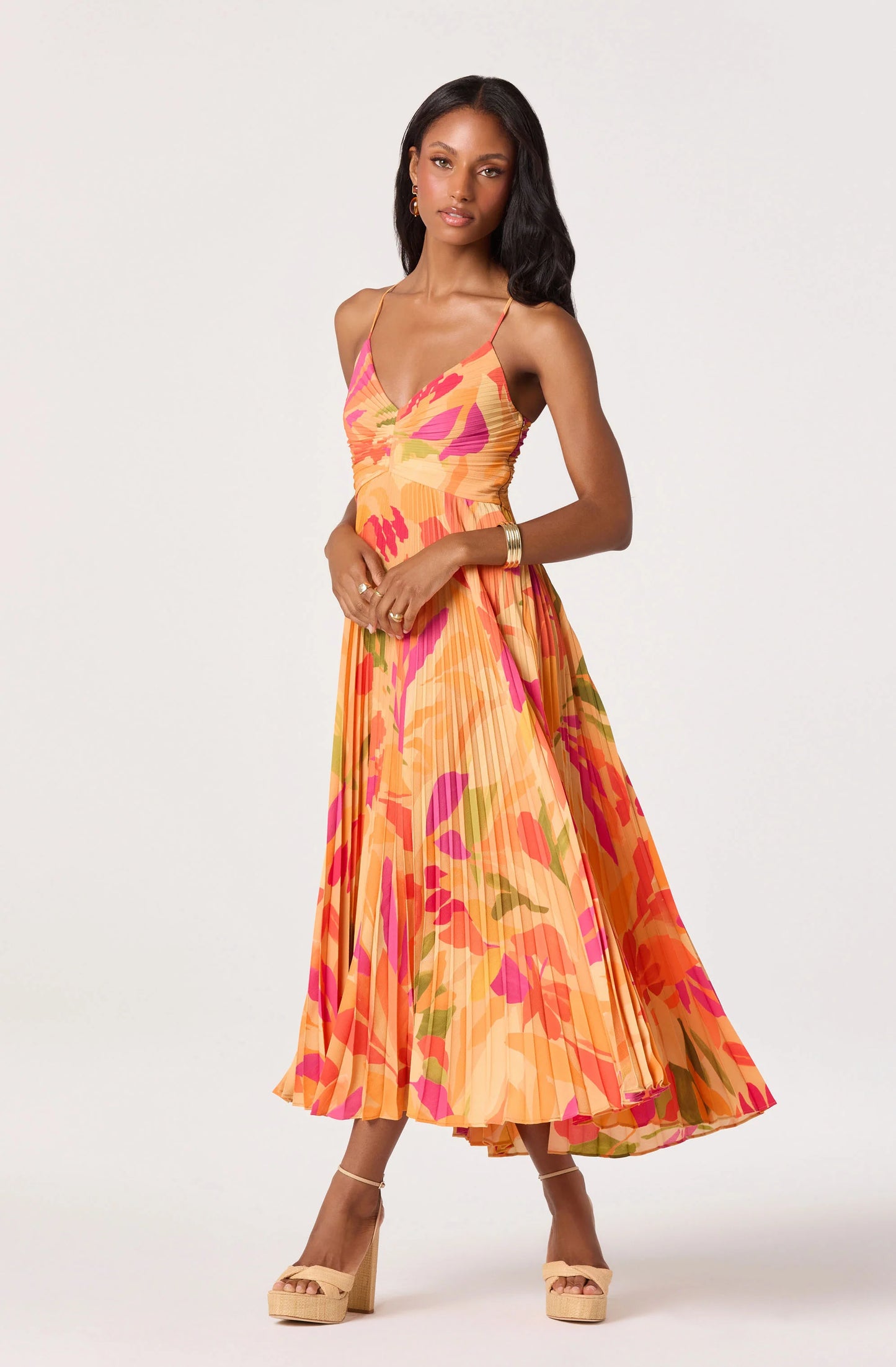 Blythe Floral Plisse Midi Dress - Orange Floral