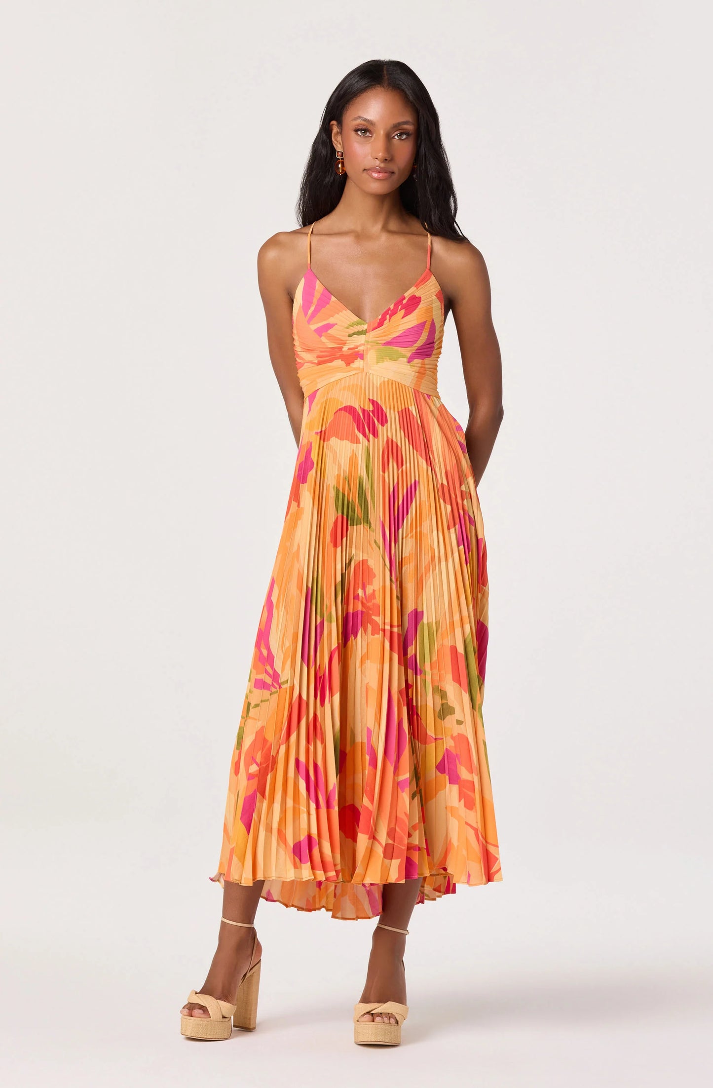Blythe Floral Plisse Midi Dress - Orange Floral